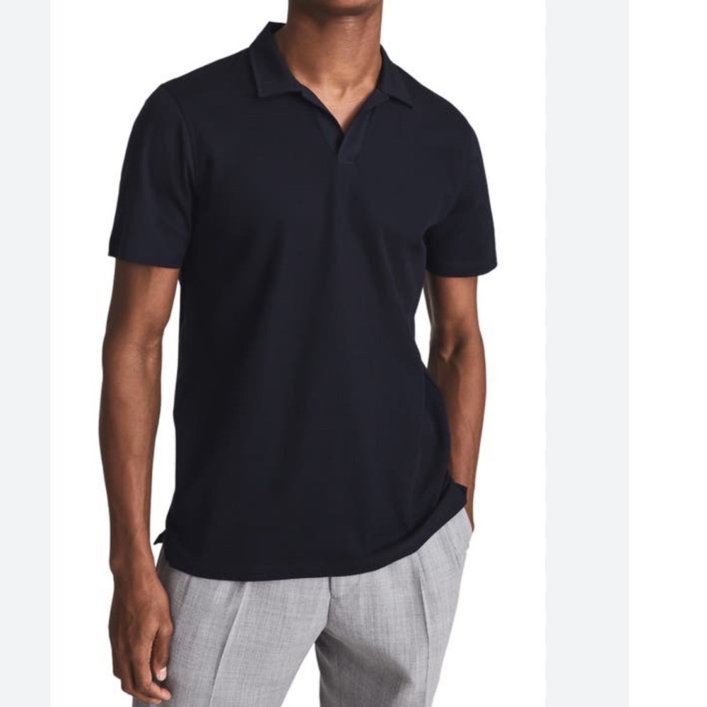 Reiss Stefan Solid Johnny Collar Polo Navy Blue Egyptian Cotton Mens M